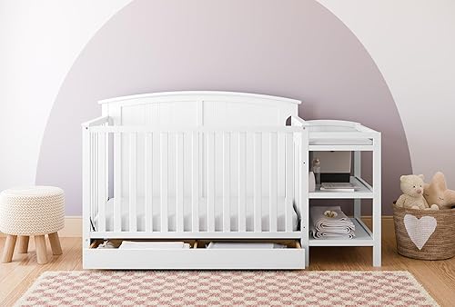 Storkcraft Steveston 5-in-1 Convertible Crib and Changer with Drawer (White) – GREENGUARD Gold Certified, Crib and Changing -Table Combo with Drawer, Converts to Toddler Bed, Daybed and Full-Size Bed - Jamouz