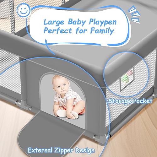 Baby Playpen with Mat 74x50 inch, Playpen for Babies and Toddlers, Baby Play Pen Design with External Zipper Gate, Baby Play Yard with Non-Slip Suction Cups on The Bottom, Baby Fence, Grey - Jamouz