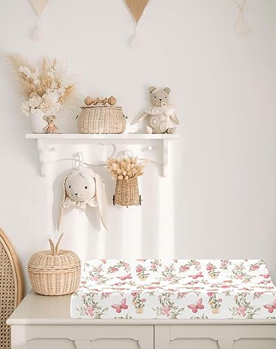 Changing Pad Cover for Baby Boy Girl 2 Pack, Muslin Changing Table Pad Covers with Boho Style, Neutral Nursery Bedding Essentials Soft and Breathable(Dusty Rose & Flower-A) - Jamouz