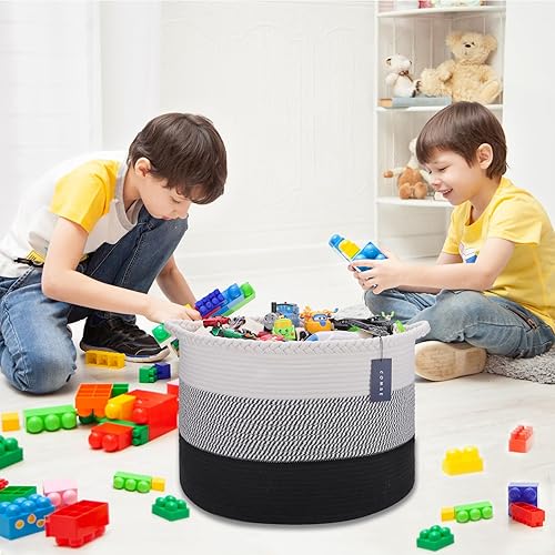 COMSE Extra Large Blanket Basket, Storage Basket, Laundry Basket, 21.7”x 13.8”, Laundry Hamper, Cotton Rope Basket, Blanket Basket Living Room, Toy Basket (White & Cadet Blue & Navy Blue) - Jamouz