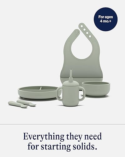 Lalo First Bites Silicone Baby Feeding Set - Baby Led Weaning Supplies - Non-Toxic Silicone - Includes 2 Bibs, 2 Spoons, Training Cup, Suction Plate and Bowl - 6 Pieces - Sage - Jamouz