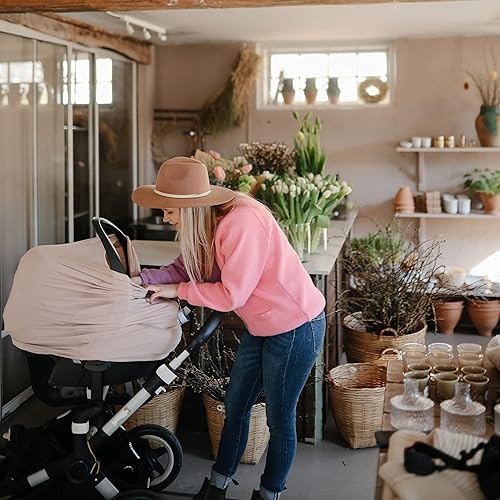 mushie Baby Car Seat Canopy Cover | Breathable & Stretchy Multi Use Cover for Breastfeeding, Nursing, High Chair, Shopping Cart, Strollers (Fog) - Jamouz