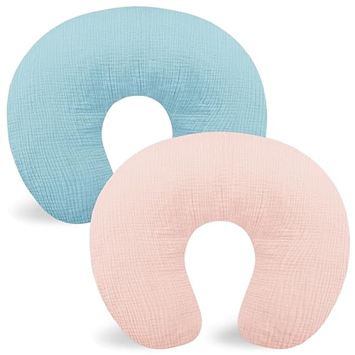 Hooyax Muslin Nursing Pillow Covers 2 Pack, Soft and Breathable Nursing Covers for Breastfeeding Pillows, Adorable Infant Feeding Pillow Slipcover for Baby Boy and Girls (Blue Grey) - Jamouz