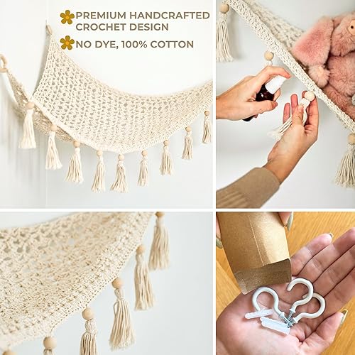 Macrame Toy Hammock for Stuffed Animals - Plushie Toy Hammock for Baby Nursery Decor, Plush Hammock, Stuffy Hammock, Hanging Stuffed Animal Organizer, Buttercream - Jamouz