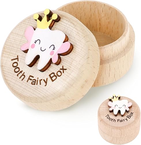 Tooth Fairy Box for Girls Cute Carved Wooden Box with 3D Tooth Stores Lost Teeth for Kid Souvenir Tooth Dropped Keepsake Colored Storage Gift Box for Baby Shower Toddler Little Girl Boy Birthday - Jamouz