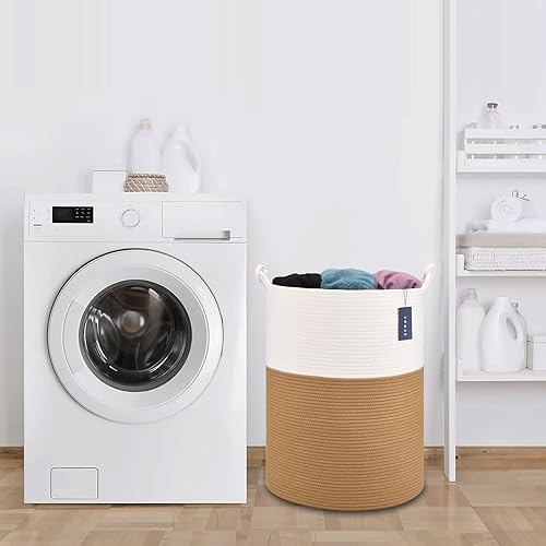 COMSE Extra Large Blanket Basket, High Storage Basket, Tall Rope Laundry Basket, 15.7”x 21.7”, Cotton Rope Basket, XXXL Laundry Basket, Toy Basket, Clothes Baskets,White/Cadet Blue/Navy Blue - Jamouz