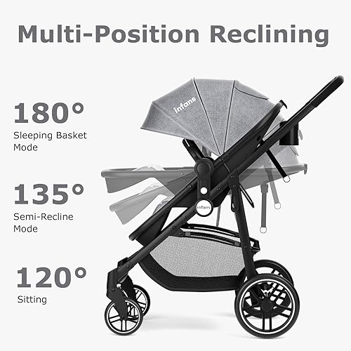 INFANS 2 in 1 Baby Stroller, High Landscape Infant Stroller & Reversible Bassinet Pram, Foldable Pushchair with Adjustable Canopy, Cup Holder, Storage Basket, Suspension Wheels (Grey) - Jamouz