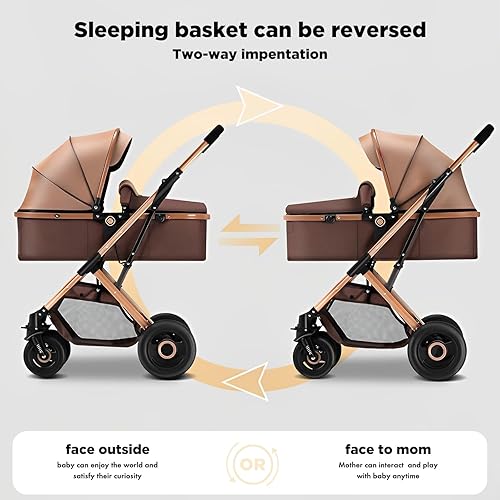 2 in 1 Convertible Baby Stroller Newborn Reversible Bassinet Pram, Foldable Pushchair with Adjustable Canopy Folding High Landscape Infant Carriage, Anti-Shock Toddler Pushchair - Jamouz