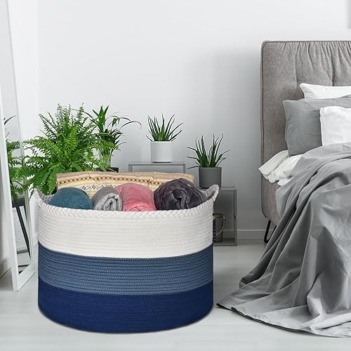 COMSE Extra Large Blanket Basket, Storage Basket, Laundry Basket, 21.7”x 13.8”, Laundry Hamper, Cotton Rope Basket, Blanket Basket Living Room, Toy Basket (White & Cadet Blue & Navy Blue) - Jamouz