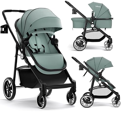 INFANS 2 in 1 Baby Stroller, High Landscape Infant Stroller & Reversible Bassinet Pram, Foldable Pushchair with Adjustable Canopy, Cup Holder, Storage Basket, Suspension Wheels (Grey) - Jamouz