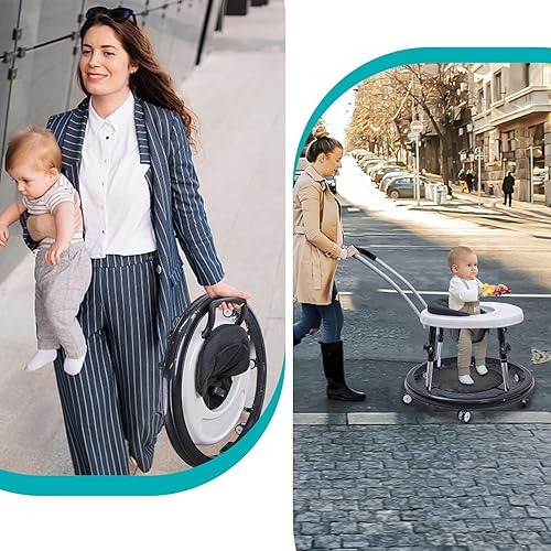 Baby Walker with Wheels, 3 in 1 Activity Center with Mute Wheels Anti-Rollover, 9-Gear Height Adjustable Foldable Baby Walker for Boys and Girls from 6-18 Months with Push Handle, Footrest - Jamouz