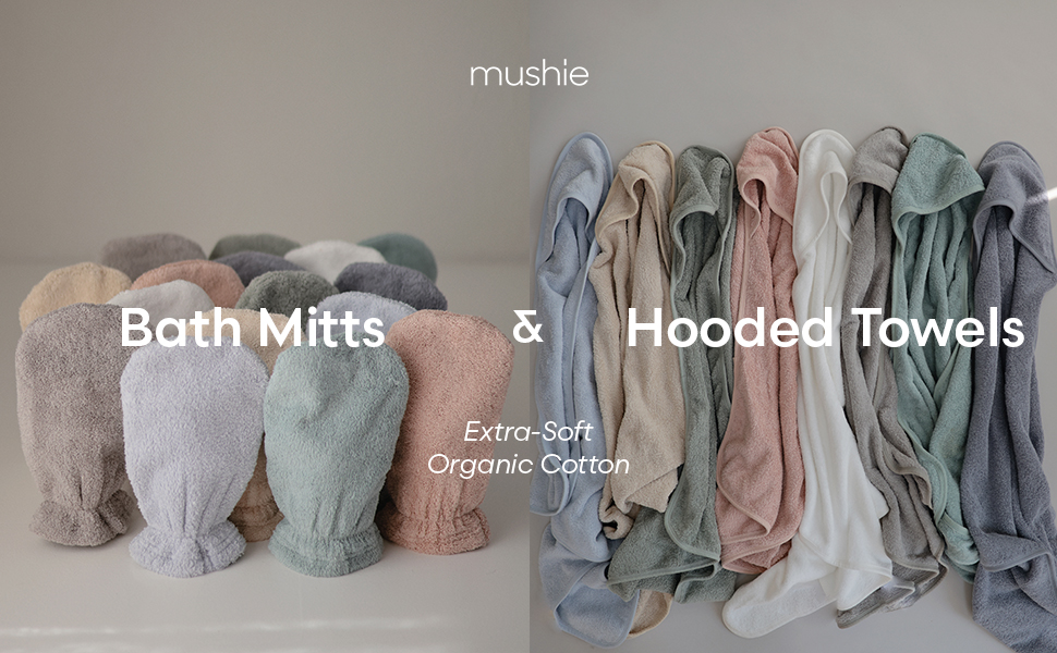 Mushie Bath Mitts and Hooded Towels
