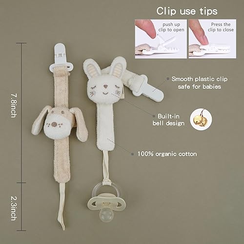 Pacifier Clip, 2 Pack Baby Pacifier Holder for Boys and Girls Fits Many Pacifiers & Baby Teething Toys, Ideal Baby Gift (Puppy & Bunny) - Jamouz