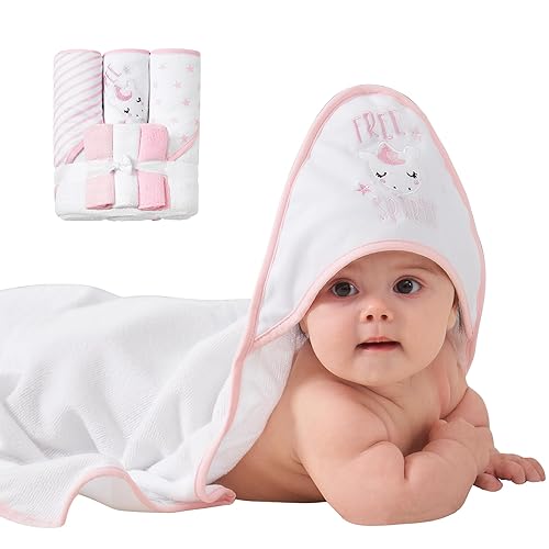 Viviland Baby Towels and Washcloths, Soft Absorbent Pink Baby Bath Towel Set, Elephant Hooded Towels with 5 Infant Face Washcloths (6 Pieces) - Jamouz