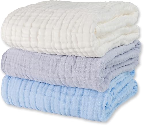 Muslin Baby Bath Towels Set 3 Pack Ultra Soft and Absorbent Baby Towels Infant Toddler Blanket Towel 6-Layer Natural Cotton Towel Suitable for Girl Boy 40x40 inches (White&Blue&Grey) - Jamouz