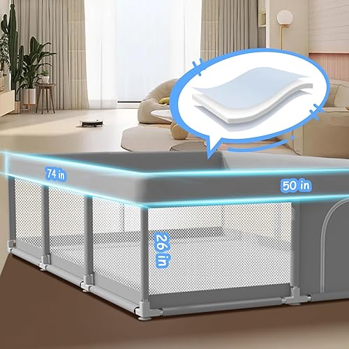 Baby Playpen with Mat 74x50 inch, Playpen for Babies and Toddlers, Baby Play Pen Design with External Zipper Gate, Baby Play Yard with Non-Slip Suction Cups on The Bottom, Baby Fence, Grey - Jamouz