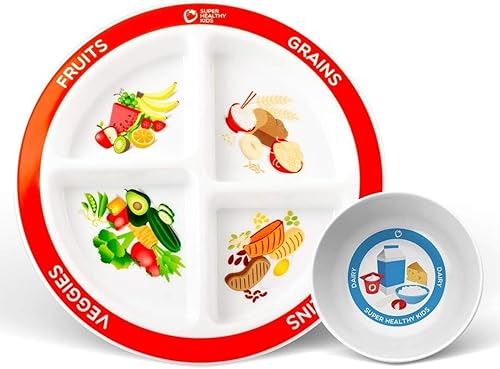 Health Beet MyPlate Portion Control Plate with Dairy Bowl - 4 Divided Sections for Fruit Grains Veggies Proteins – Dishwasher & Microwave Safe Sectioned Plates for Health Education - (Set of 1 each) - Jamouz
