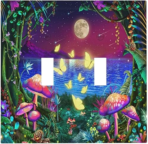 Fantasy Forest Mushroom Butterfly Moon Double Toggle Light Switch Cover Decorative 2 Gang Wall Plate Electrical Faceplate Switchplate for Bathroom Bedroom Living Room Kidroom Nursery Decor - Jamouz