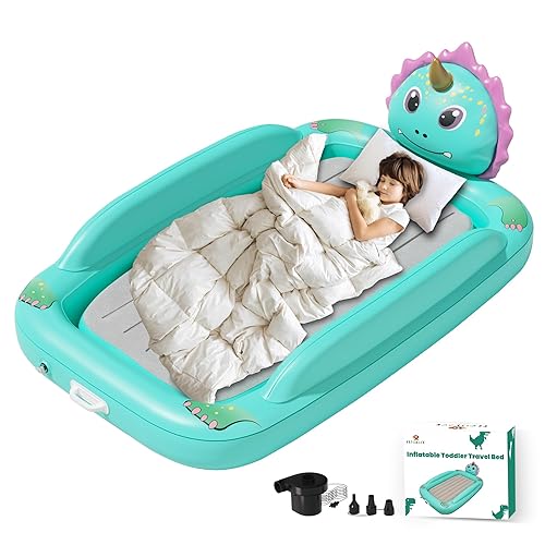 Inflatable Travel Bed with High Speed Pump, Portable Kids Air Mattress with Safety Bumpers, Toddler Travel Bed for Trip Camping Sleeplovers, Separate Mattress Design (60'-Dinosaur) - Jamouz