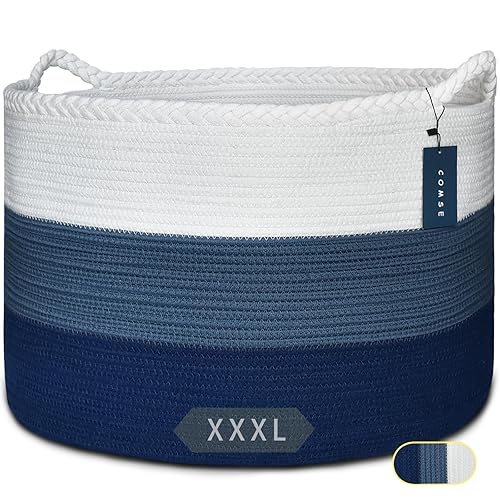 COMSE Extra Large Blanket Basket, Storage Basket, Laundry Basket, 21.7”x 13.8”, Laundry Hamper, Cotton Rope Basket, Blanket Basket Living Room, Toy Basket (White & Cadet Blue & Navy Blue) - Jamouz