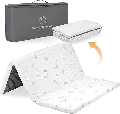 Trifold Pack and Play Mattress for Baby and Toddlers - 38'x26'x1.5', Breathable Pack N Play Mattress, Portable Crib Mattress with Carry Bag, Washable Cover Playpen Mattress for Travel - Jamouz