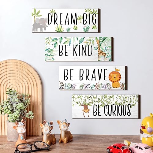 Yookeer 4 Pieces Woodland Nursery Decor Safari wall art Be kind brave curious Cute Jungle Animal Nursery Decor for Bedroom living room home 11x 3.9 Inches(Lively Animals,White Background) - Jamouz