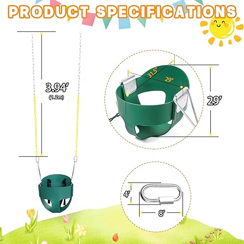 High Back Full Bucket Toddler Swing Seat with 3- Point Adjustable Safety Harness, 66 inch Detachable Chain,Suitable for Babies Aged 6-24 Months，Baby Swing for Swingset (Green) - Jamouz