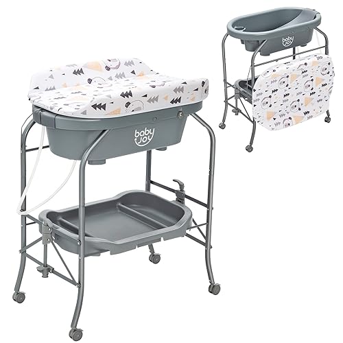BABY JOY Baby Bathtub with Changing Table, Foldable Infant Diaper Changing Station with Storage Tray, Waterproof Pad, Portable Newborn Nursery Organizer Bath Stand with 4 Universal Wheels (Blue) - Jamouz