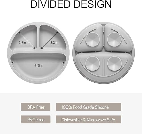 Silicone Feeding Set, 2 Pack Divided Toddler Plates with Suction, 2 Pack Utensils - Spoons & Forks, BPA Free, Baby Led Weaning Supplies - Jamouz