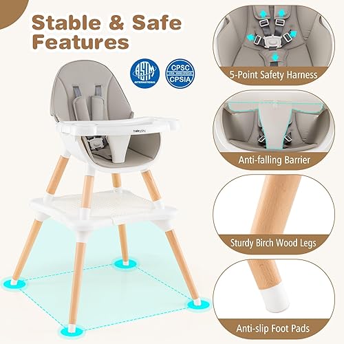 BABY JOY 5 in 1 High Chair, Convertible High Chairs for Babies and Toddlers/Booster Seat/Table and Chair Set, Infant Wooden Highchair w/ 5-Point Harness, 4-Position Removable Tray & PU Cushion, Coffee - Jamouz