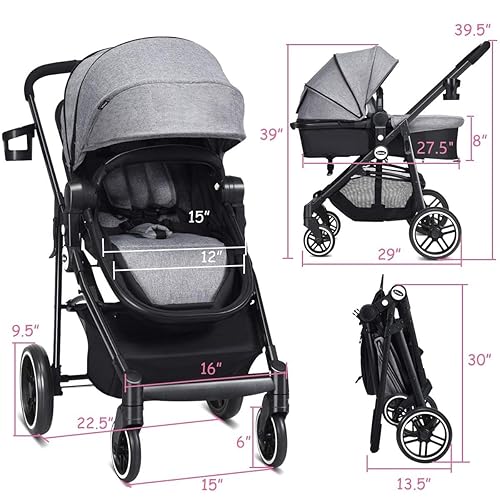 INFANS 2 in 1 Baby Stroller, High Landscape Infant Stroller & Reversible Bassinet Pram, Foldable Pushchair with Adjustable Canopy, Cup Holder, Storage Basket, Suspension Wheels (Grey) - Jamouz