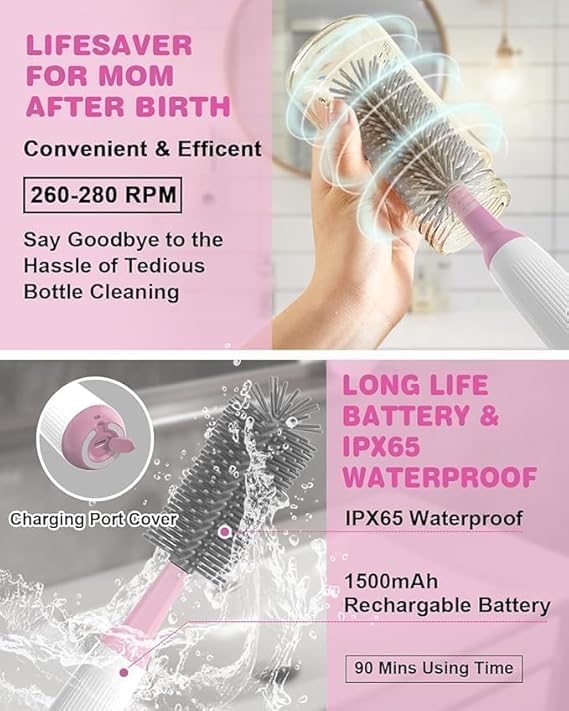 Electric Bottle Brush Cleaner, Rechargable Electric Baby Bottle Brush Cleaner with Nipple & Straw Brush, Travel Baby Bottle Brush with Drying Rack, Perfect Essentials for Mom After Birth, Green - Jamouz