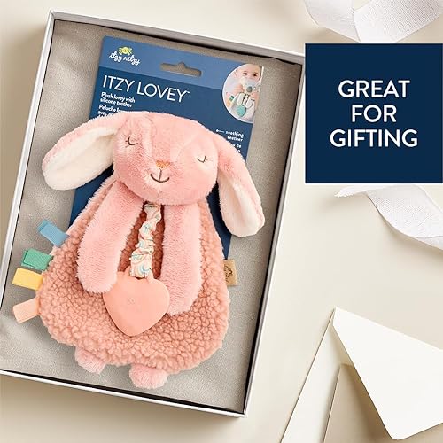 Itzy Ritzy - Itzy Lovey Including Teether - Baby Lovey with Teether, Textured Ribbons & Dangle Arms - Features Crinkle Sound, Sherpa Fabric and Minky Plush (Pink Bunny) - Jamouz