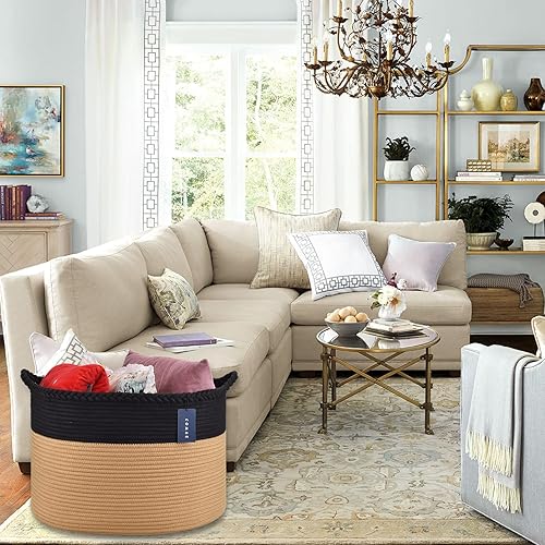 COMSE Extra Large Blanket Basket, Storage Basket, Laundry Basket, 21.7”x 13.8”, Laundry Hamper, Cotton Rope Basket, Blanket Basket Living Room, Toy Basket (White & Cadet Blue & Navy Blue) - Jamouz