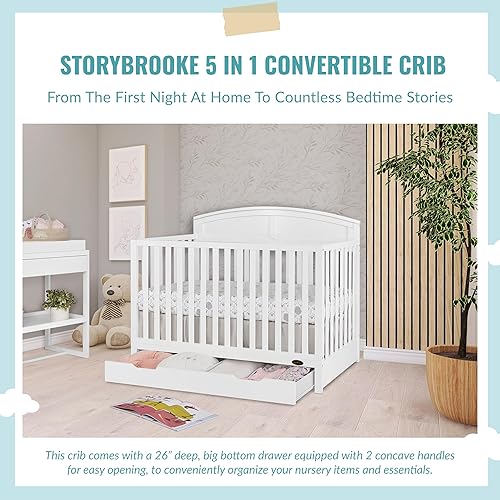 Storybrooke 5 in 1 Convertible Crib with Under Drawer in Pebble Grey, JPMA & Greenguard Gold Certified, Made of Sustainable Pinewood, Non-Toxic Water-Based Paint Finish - Jamouz