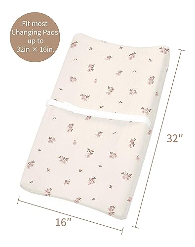 Changing Pad Cover for Baby Boy Girl 2 Pack, Muslin Changing Table Pad Covers with Boho Style, Neutral Nursery Bedding Essentials Soft and Breathable(Dusty Rose & Flower-A) - Jamouz
