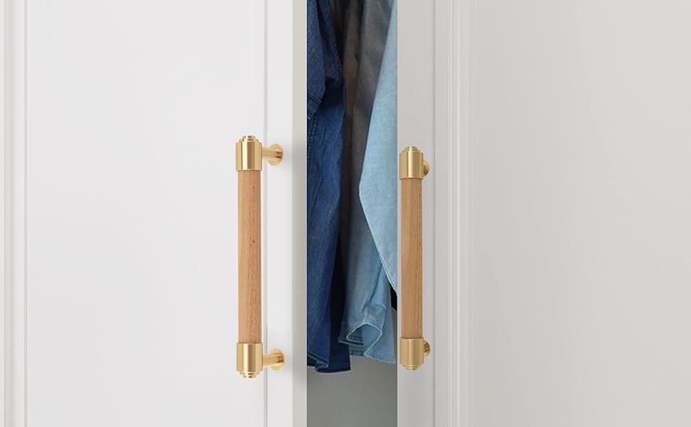 Modern Mid Century Brass and Wood Cabinet Pulls