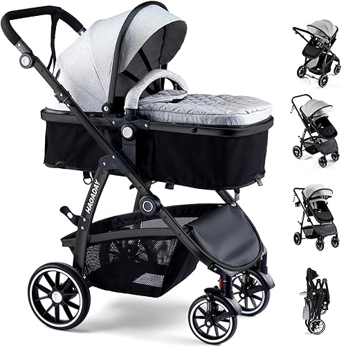 Baby Stroller, 2-in-1 Reversible Stroller with Bassinet Mode, Foldable Infant Stroller with Canopy, One Button Brake, Adjustable Handle, Newborn Stroller (Gray) - Jamouz