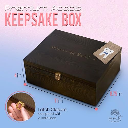 Wooden Baby Keepsake Box with Tooth Fairy Tooth Holder Bag- Newborn Keepsake Box with Sturdy Lock-Timeless Baby Keepsake Storage Box-Memory Box for Keepsakes Baby-Baby Boy Keepsake Box (Blue) - Jamouz