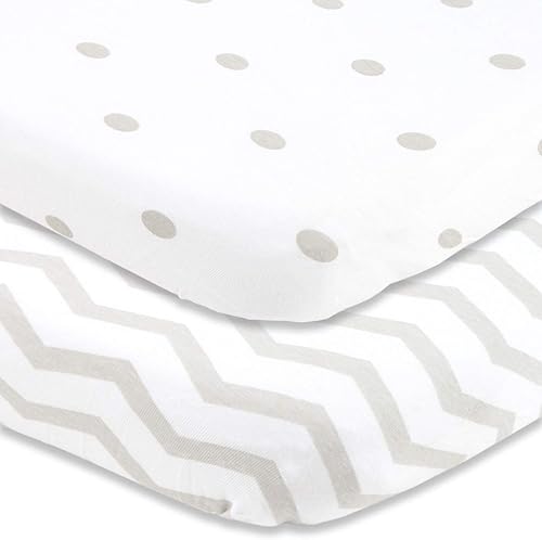 Cuddly Cubs Pack and Play Sheets Fitted – for Graco Pack n Play Playard – 2 Pack – Snuggly Soft Jersey Cotton Mini Crib Mattress Sheets Set for Baby Boy, Girl – Grey Polka Dots, Chevron - Jamouz