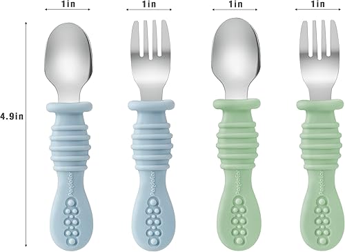PandaEar Silicone Baby Feeding Set| 2 Pack Silicone Divided Suction Plate and 2 Pack Tiny Cup with 2 Spoons 2 Forks| Baby Led Weaning Supplies Self Feeding Eating Utensils (Light Blue/Light Green) - Jamouz