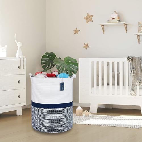 COMSE Extra Large Blanket Basket, High Storage Basket, Tall Rope Laundry Basket, 15.7”x 21.7”, Cotton Rope Basket, XXXL Laundry Basket, Toy Basket, Clothes Baskets,White/Cadet Blue/Navy Blue - Jamouz