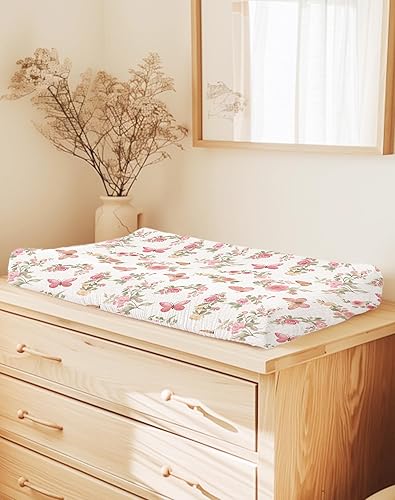 Changing Pad Cover for Baby Boy Girl 2 Pack, Muslin Changing Table Pad Covers with Boho Style, Neutral Nursery Bedding Essentials Soft and Breathable(Dusty Rose & Flower-A) - Jamouz