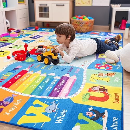 Large Playroom Rug Daycare Kids Rug 7x10,Educational and Fun Nursery Rug with ABC Alphabet Animals Classroom Rug Washable Kids Play Mat Baby Toddler Children Girls Rugs for Bedroom,Beige - Jamouz