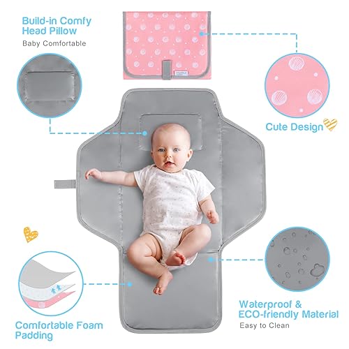 Baby Portable Changing Pad Travel - Waterproof Compact Diaper Changing Mat with Built-in Pillow - Lightweight & Foldable Changing Station, Newborn Shower Gifts - Jamouz