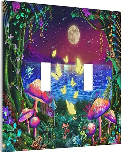 Fantasy Forest Mushroom Butterfly Moon Double Toggle Light Switch Cover Decorative 2 Gang Wall Plate Electrical Faceplate Switchplate for Bathroom Bedroom Living Room Kidroom Nursery Decor - Jamouz