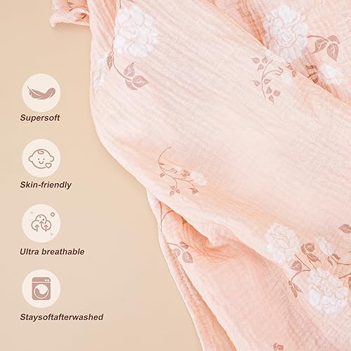 Muslin Nursing Cover for Breastfeeding, Privacy Breathable Breastfeeding Cover with Arch Neckline for Mom, 100% Cotton Nursing Apron, Floral and Pink - Jamouz