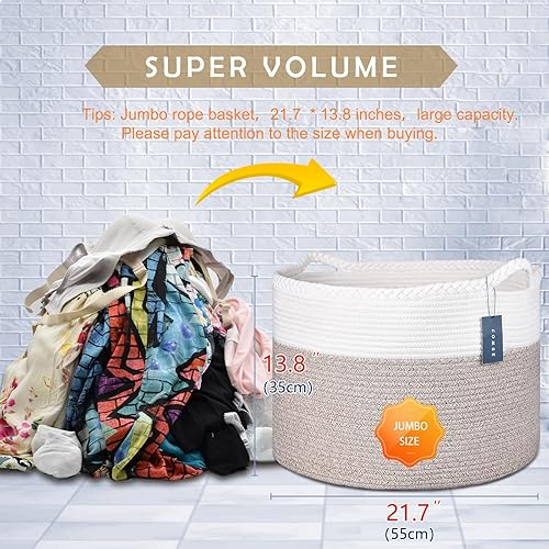 COMSE Extra Large Blanket Basket, Storage Basket, Laundry Basket, 21.7”x 13.8”, Laundry Hamper, Cotton Rope Basket, Blanket Basket Living Room, Toy Basket (White & Cadet Blue & Navy Blue) - Jamouz