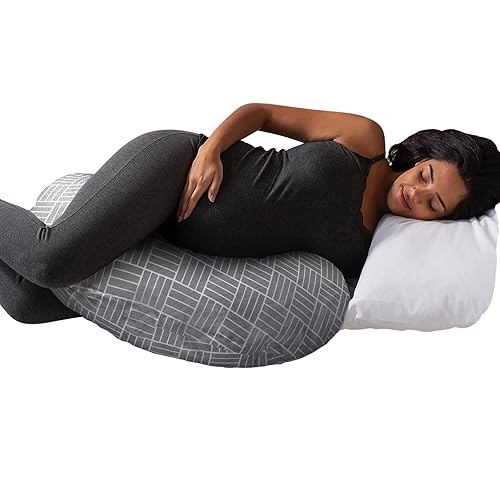 Boppy Cuddle Pregnancy Pillow, Gray Basket Weave, Comfy Body-conforming Hypoallergenic Fiber Fill and Easy-on Removable Cover, Contoured Design for Versatile Support from Pregnancy Through Postpartum - Jamouz