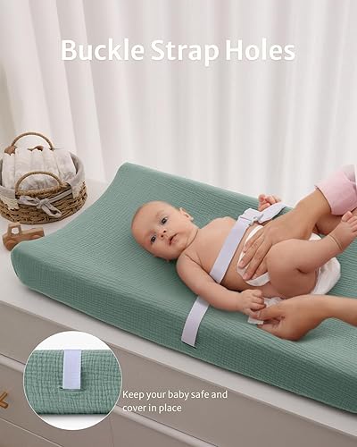 Blissful Diary Muslin Changing Pad Cover for Girls Boys, Ultra Soft Breathable Cotton, Baby Diaper Change Table Pad Covers, 2Pack (Roman Green&Leaf) - Jamouz